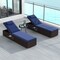 Mix Brown PE Rattan Patio Chaise Lounge Set of 2 with Navy Cushions and Side Table
